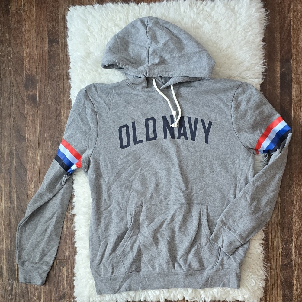 Old Navy Gray Hoodie with Red and Blue Stripes